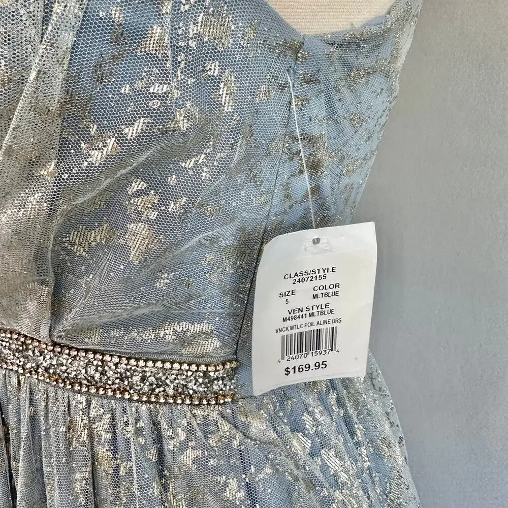 Teeze Me Metallic Foil Pleated V-Neck Gown From David's Bridal Light Blue Sz 5 - Picture 9 of 16